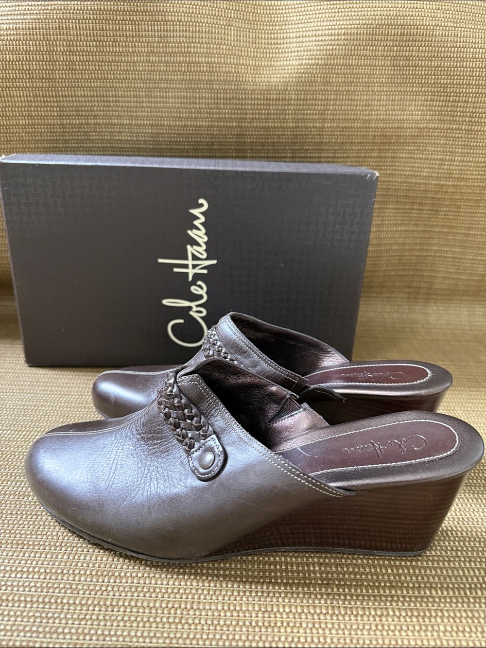 Cole Haan Dark Brown Leather Wedge Clogs with Braided Strap